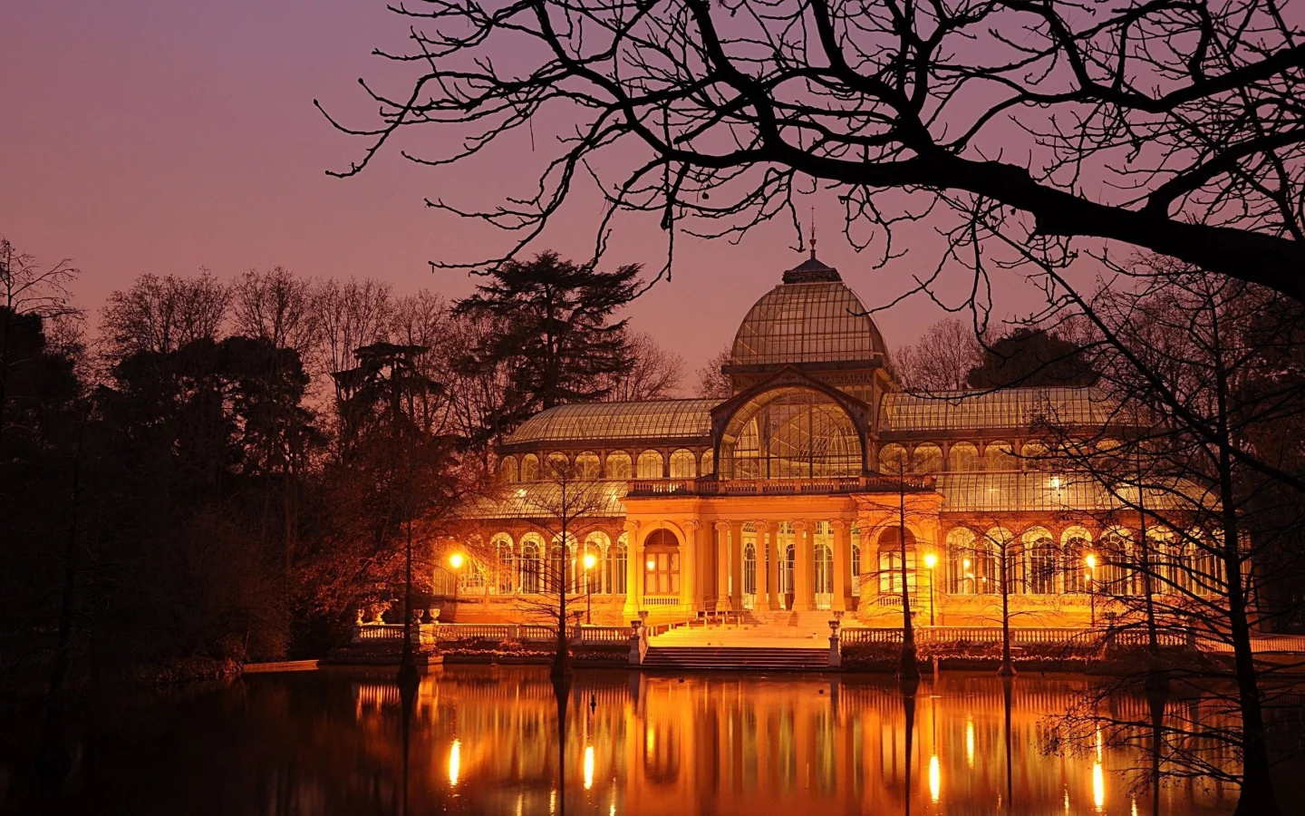 night, lights, park, building, парк, здание, вечер, огни, озеро, вода, отражение