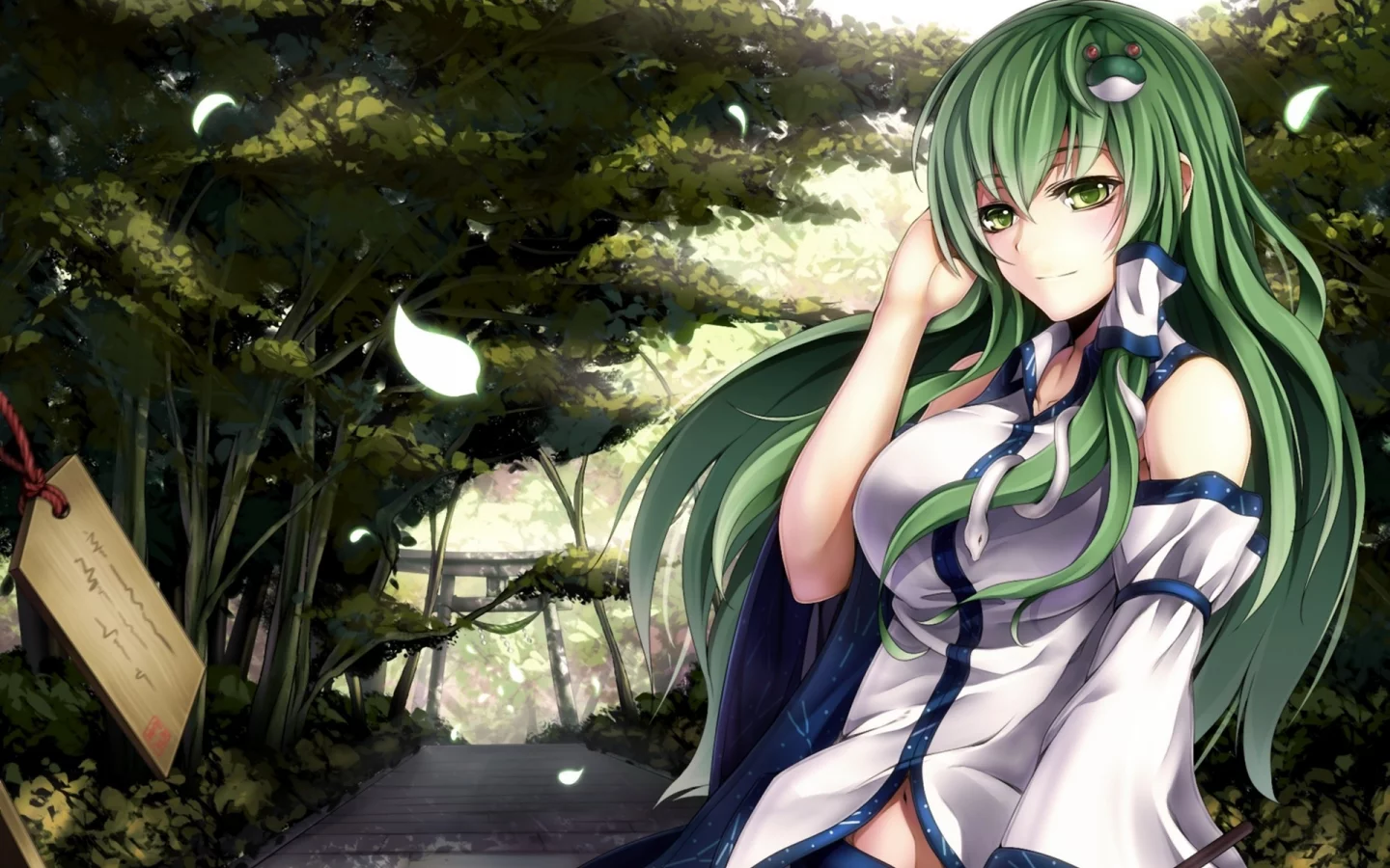 touhou, девушка, kochiya sanae, ветер, арт, зеленые волосы, izayoi-saki