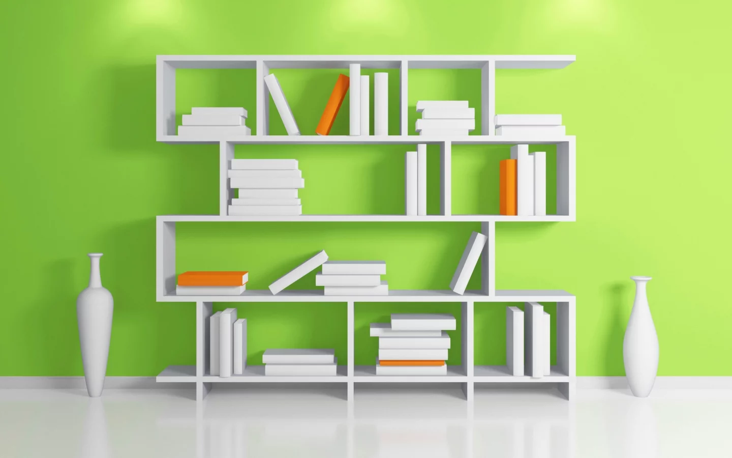 пол, стена, стеллаж, полка, ваза, книги