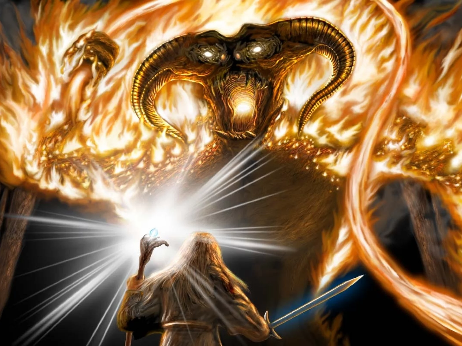 битва, арт, balrog, moria, the lord of the rings, gandalf, гэндальф, балрог