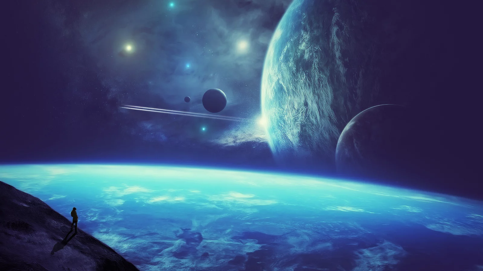 science fiction, stars, space, person, planets