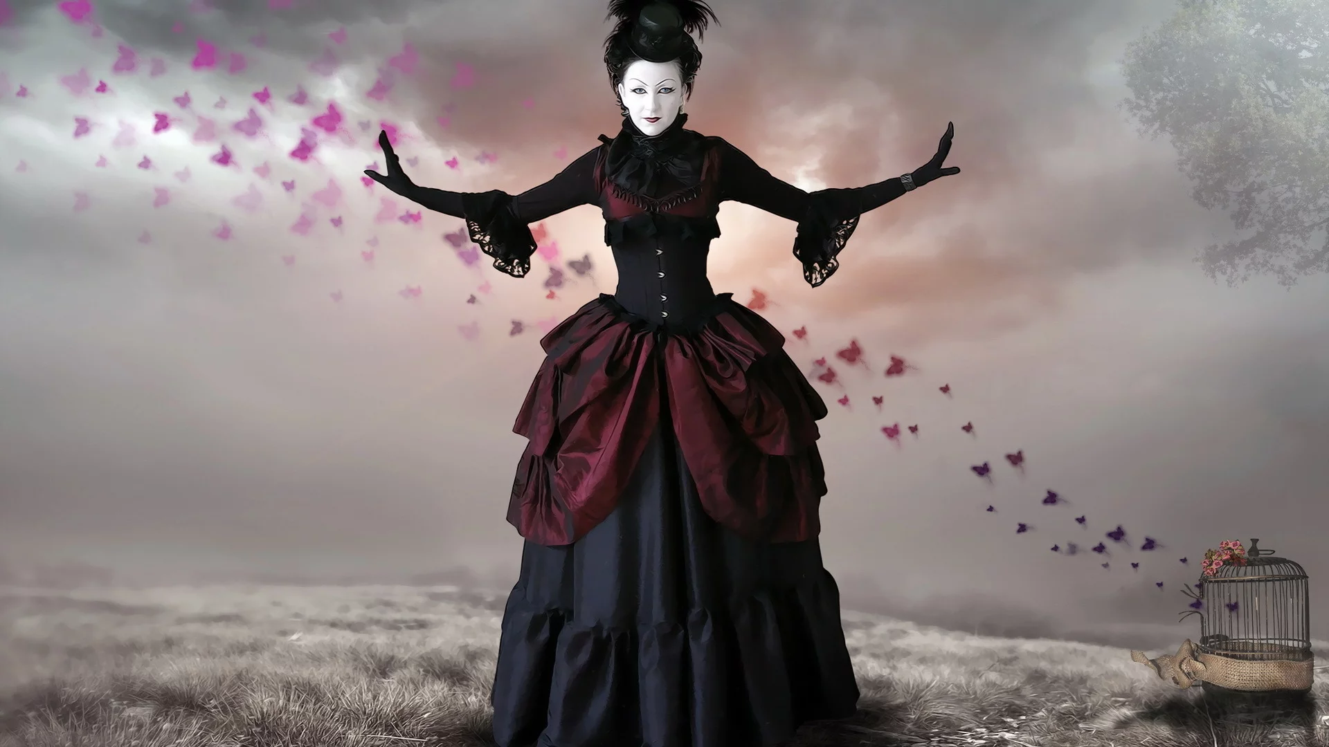 tree, photomanipulation, gothic, butterflies