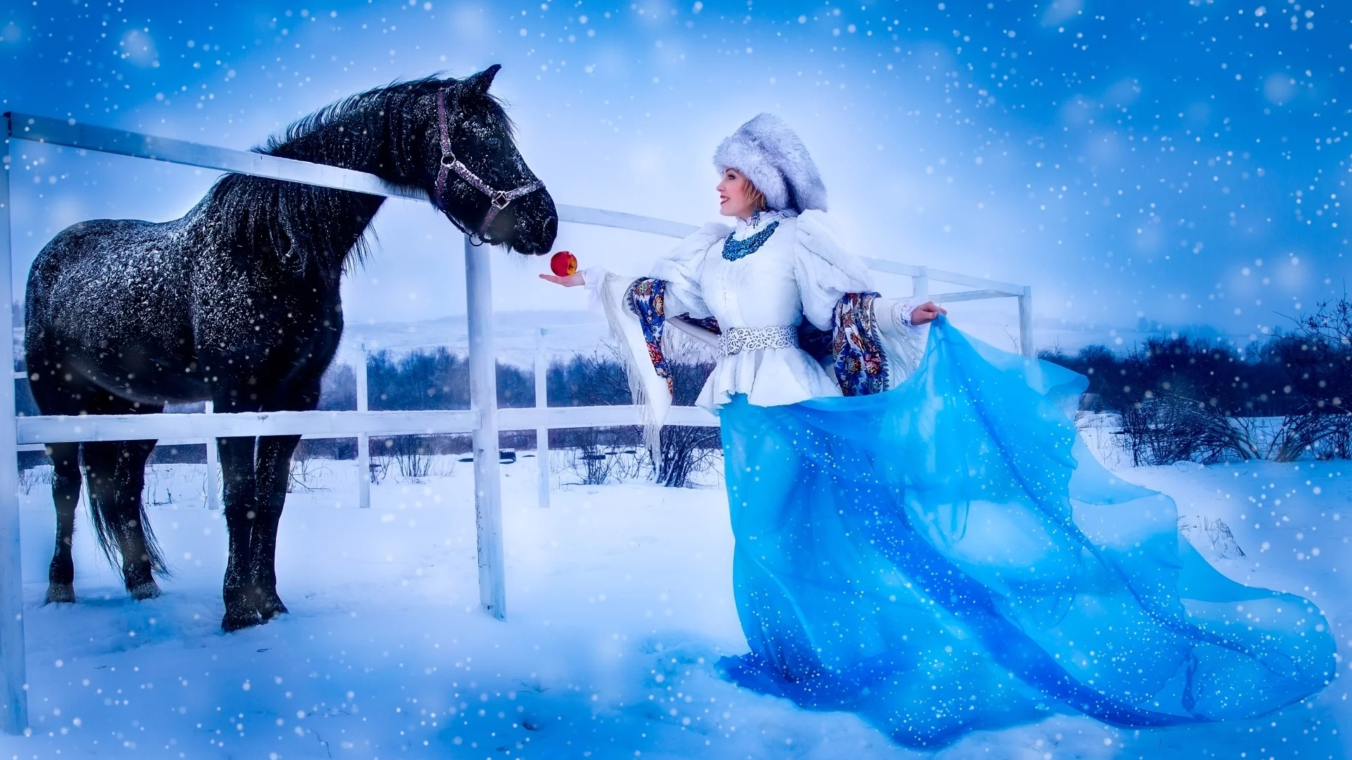 девушка, платье, шапка, лошадь, снег, платок, яблоко