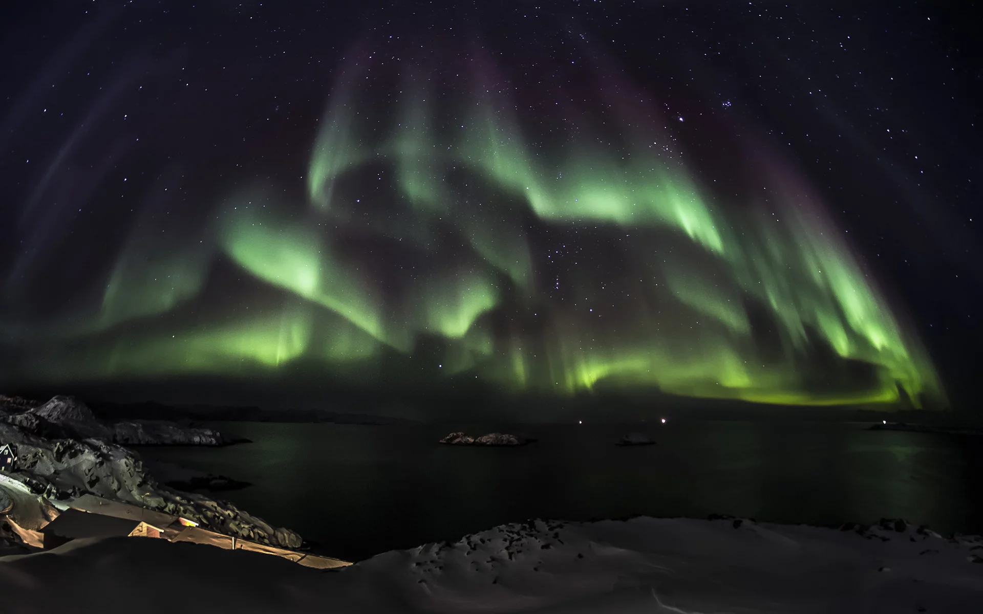 aurora borealis, ночь, северное сияние, снег, океан, зеленый