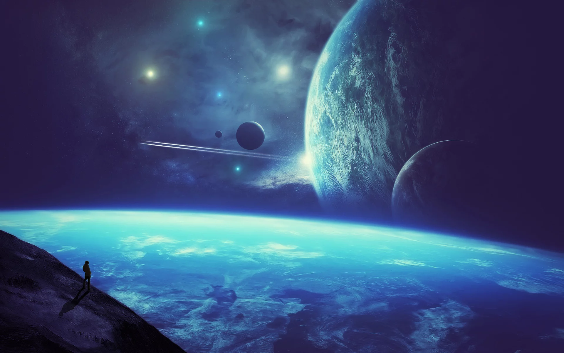 science fiction, stars, space, person, planets