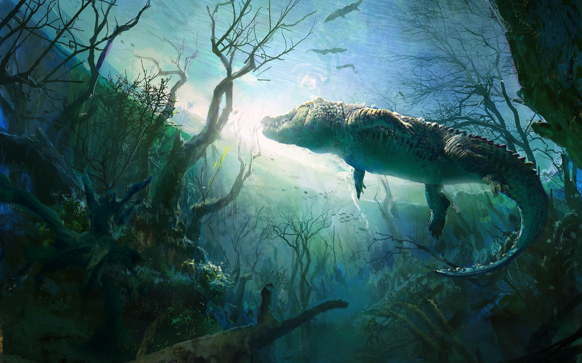подводный мир, арт, аллигатор, пруд, деревья, крокодил