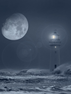 море, маяк, ночь, шторм, волны, луна, полнолуние, непогода