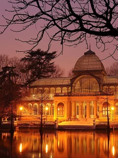 night, lights, park, building, парк, здание, вечер, огни, озеро, вода, отражение