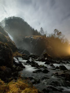 природа, река, лунный свет, ночь, камни, лес, дорога