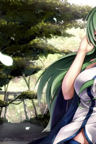 touhou, девушка, kochiya sanae, ветер, арт, зеленые волосы, izayoi-saki