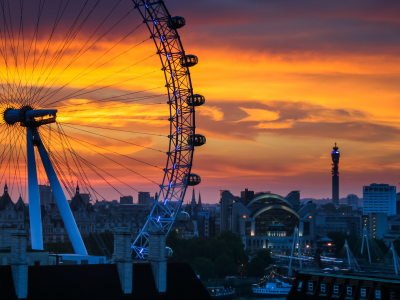 колесо обозрения, south bank, закат, london, город, дома, gb, england