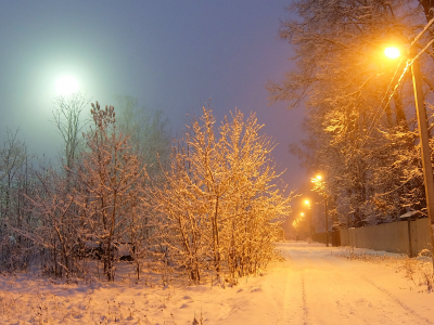 ночь, зима, фонари, улица
