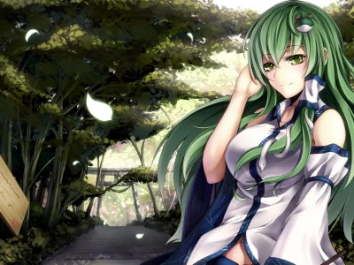 touhou, девушка, kochiya sanae, ветер, арт, зеленые волосы, izayoi-saki