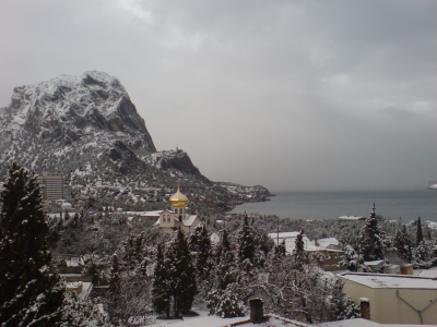 гора, поселок, море, зима, снег, Крым, фото
