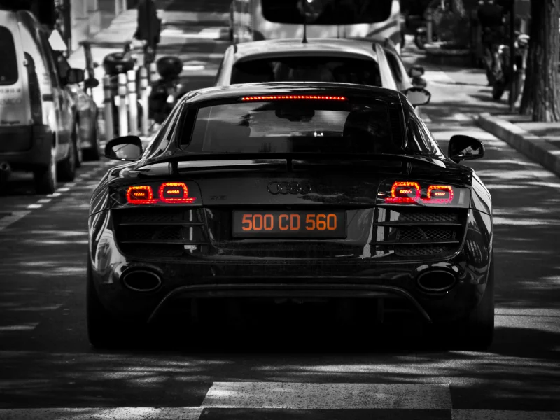 back, tree, ауди, audi, light, cars, black, черный, r8, р8, улица, street