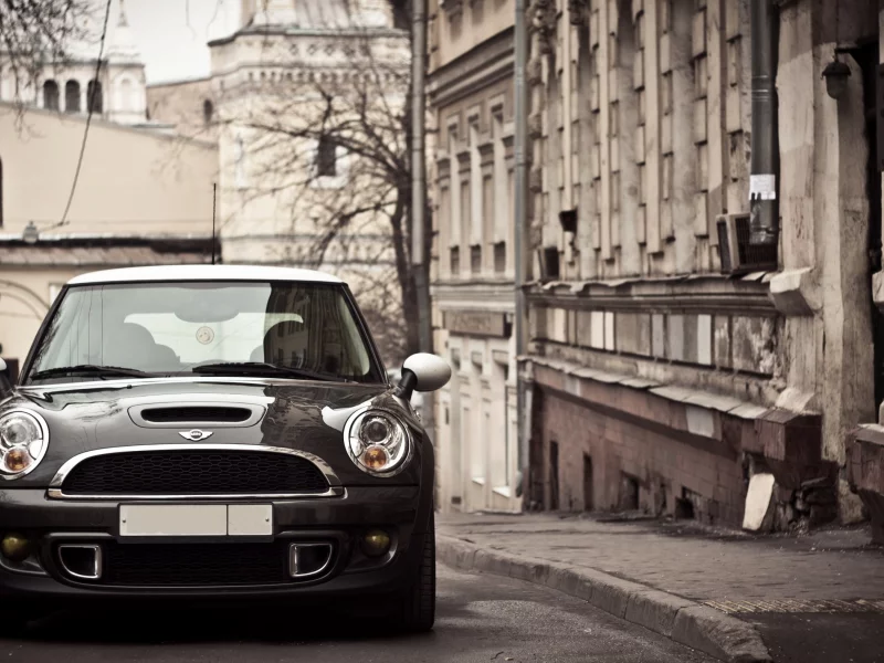 мини купер, машина, фары, авто, город, mini cooper, осень