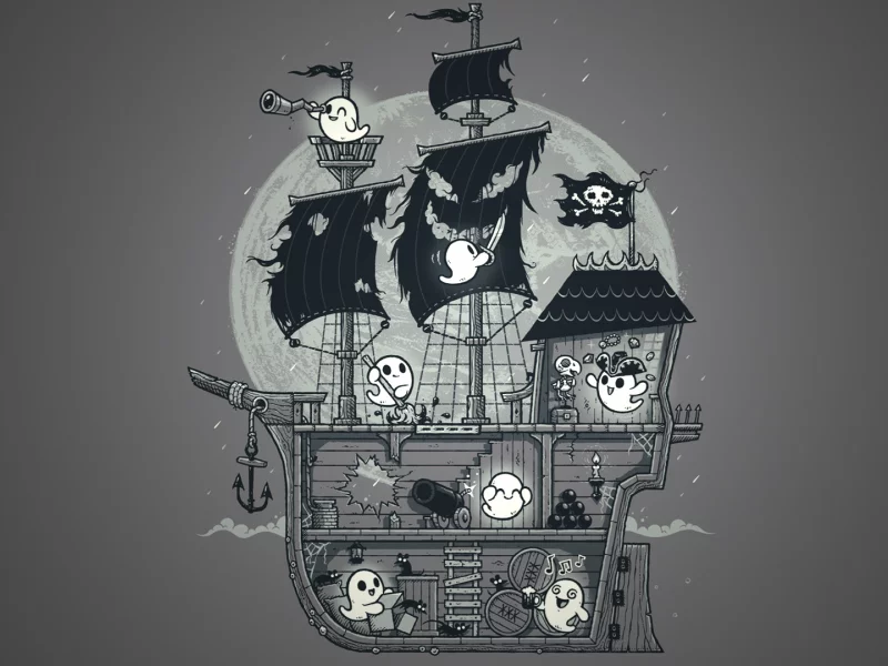 halloween, хэлуин, минимализм, корабль, приведение, луна, чб