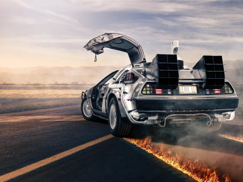 back to the future, road, fire, dmc-12, rear, делориан, delorean, silvery