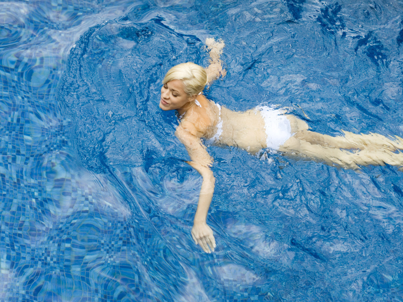 блондинка, купальник, белый, басейн