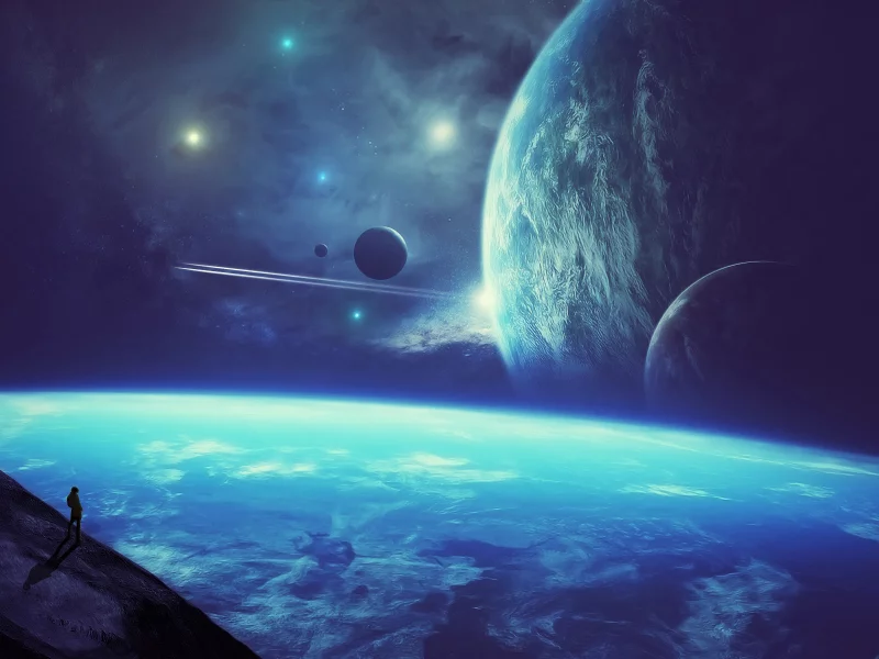 science fiction, stars, space, person, planets
