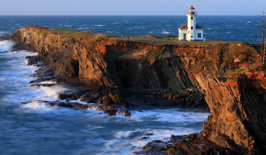 маяк, скалы, cape arago lighthouse, побережье, тихий океан