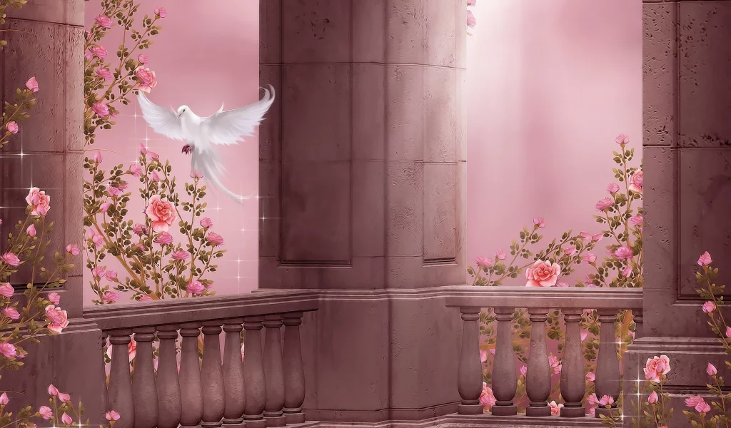 dove, pigeon, roses, rose garden, columns, колонны, розовый сад, flowers