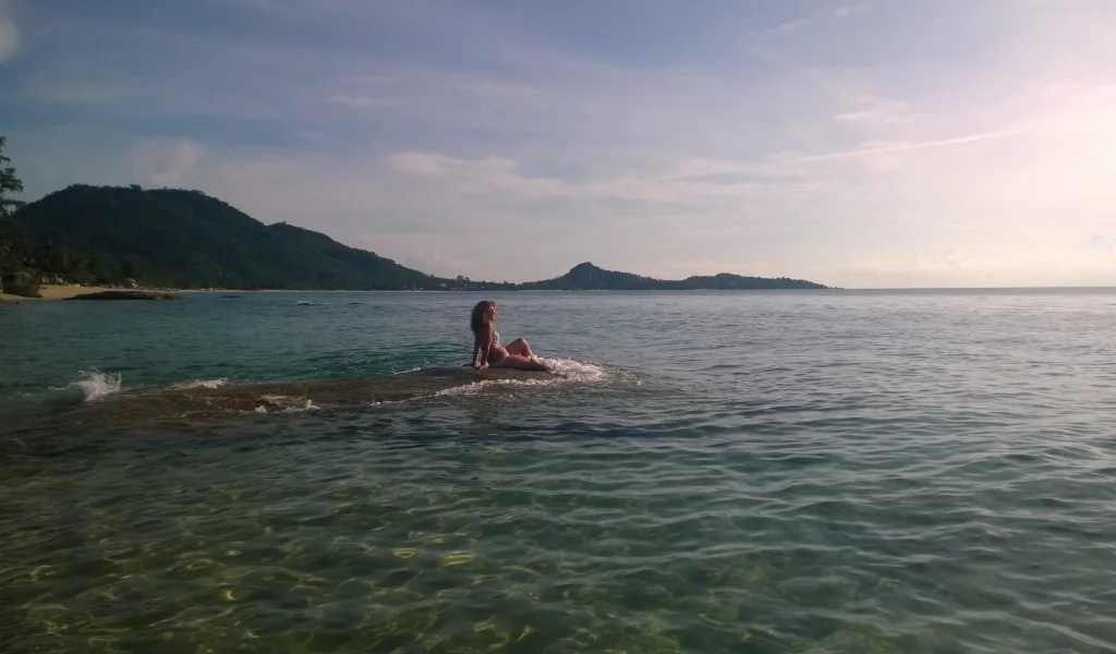 панорама, море, синева, риф, девушка, сидит, красиво