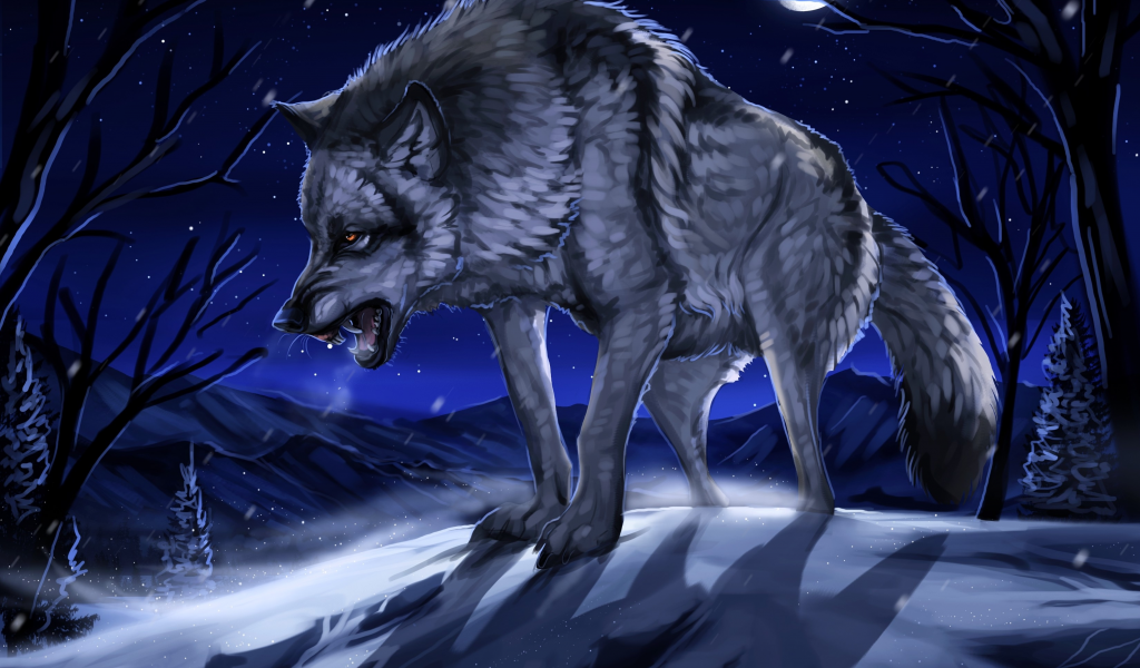 Волк, ночь, луна, оскал, арт.