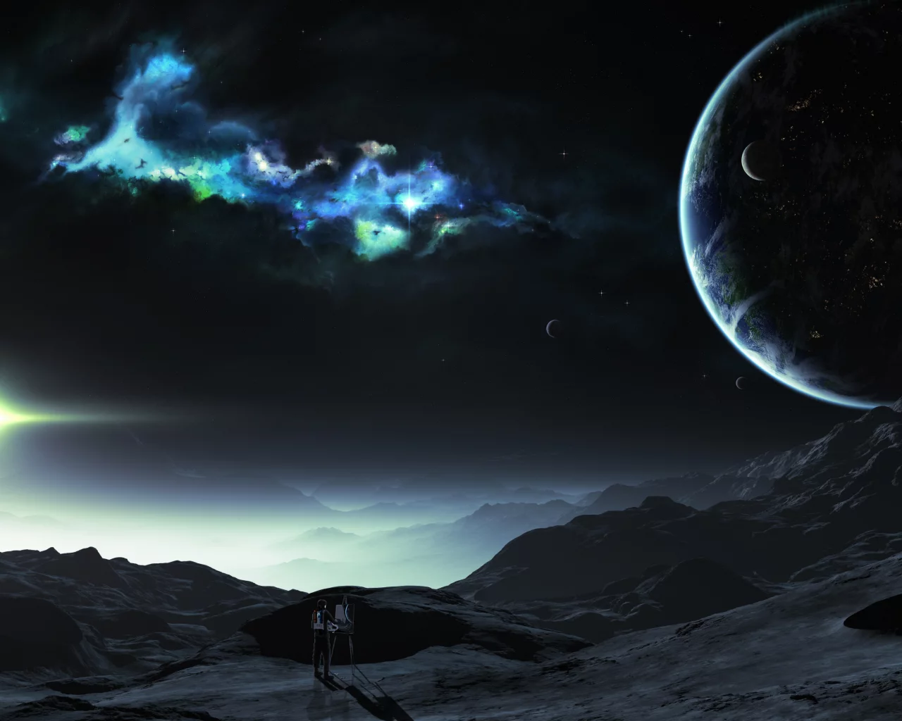 colorful lights, painting, landscape, planet, person, sci fi, spacesuit