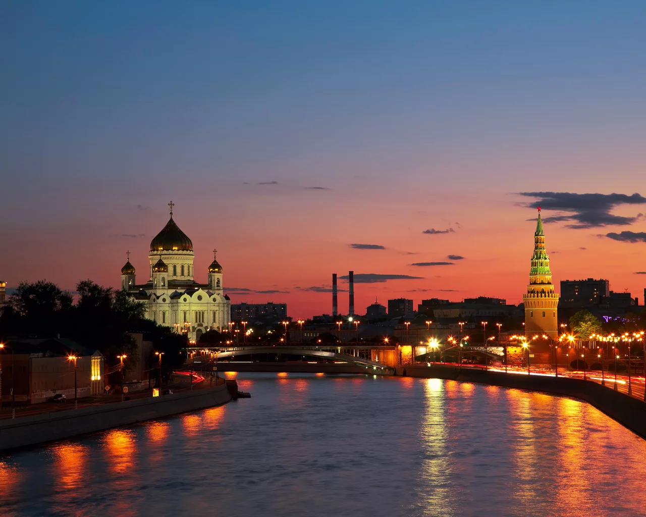 закат, москва, река, город, россия