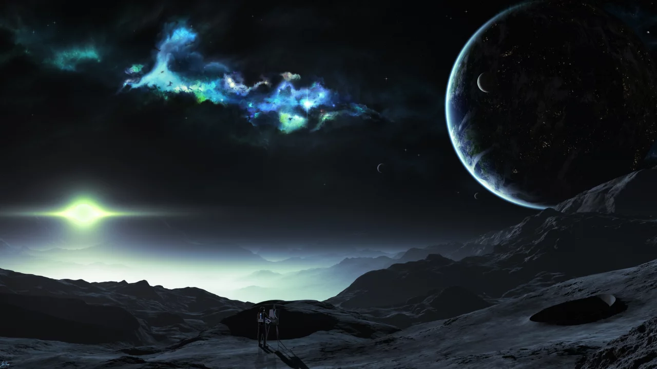 colorful lights, painting, landscape, planet, person, sci fi, spacesuit