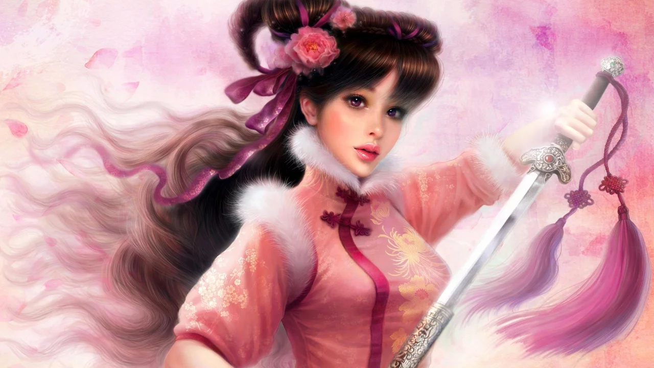 ruoxing zhang, цветы, меч, кисти, арт, мех, девушка