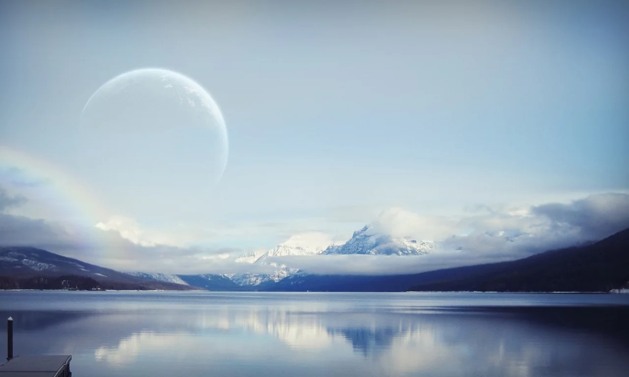 луна, небо, облака, вода, горы