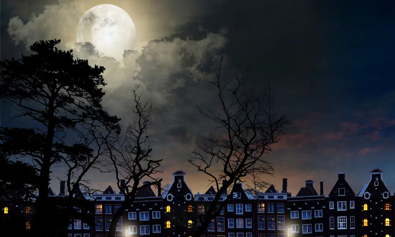 full, moon, magical night, city buildings, trees, sky, clouds, landscape, полный, луна, волшебная ночь, городские здания, деревья, небо, облака, пейзаж