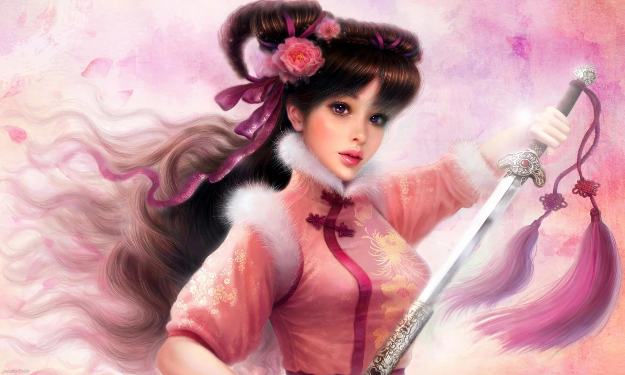 ruoxing zhang, цветы, меч, кисти, арт, мех, девушка