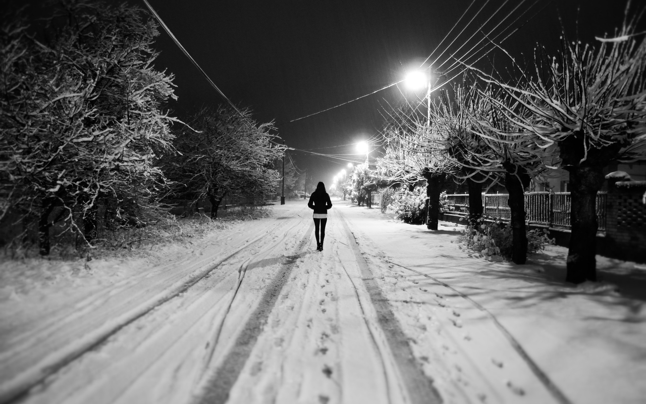 улица, девушка, фонари, деревья, белый, зима, снег