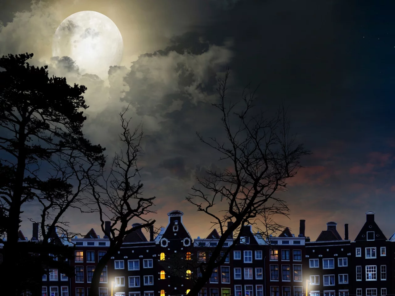 full, moon, magical night, city buildings, trees, sky, clouds, landscape, полный, луна, волшебная ночь, городские здания, деревья, небо, облака, пейзаж