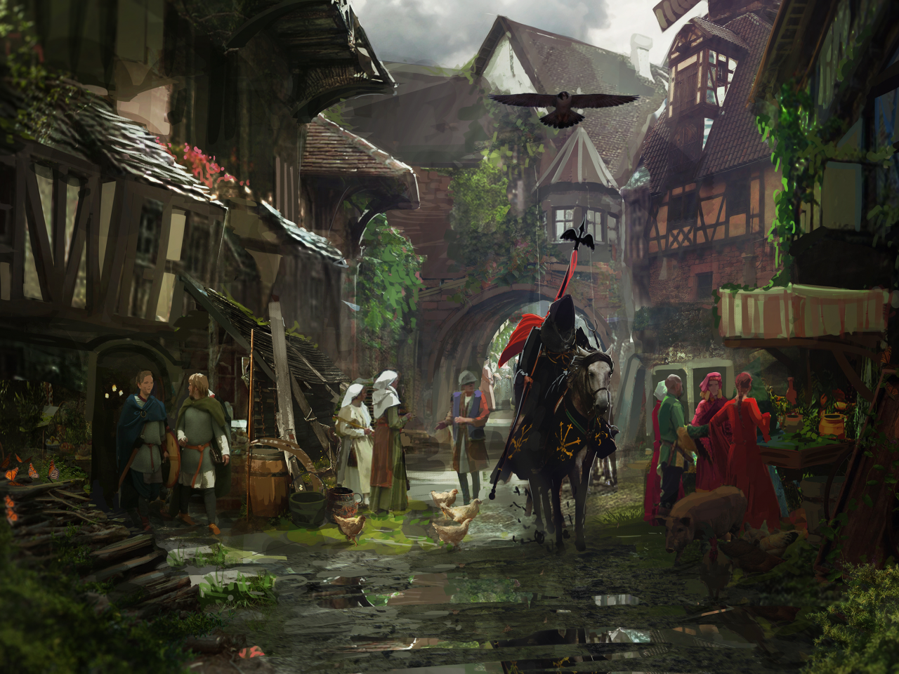 medieval town, средневековье, horse, middle ages, knight, улица, город