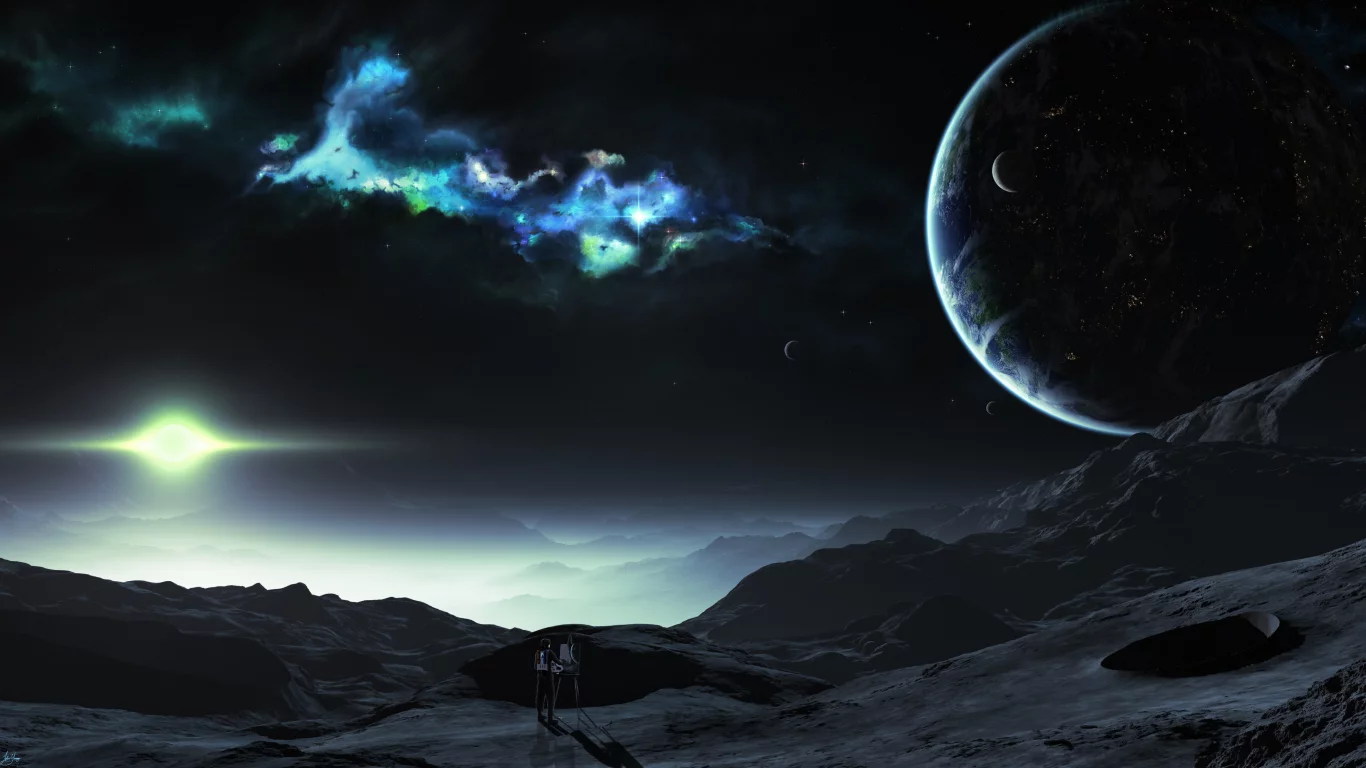 colorful lights, painting, landscape, planet, person, sci fi, spacesuit