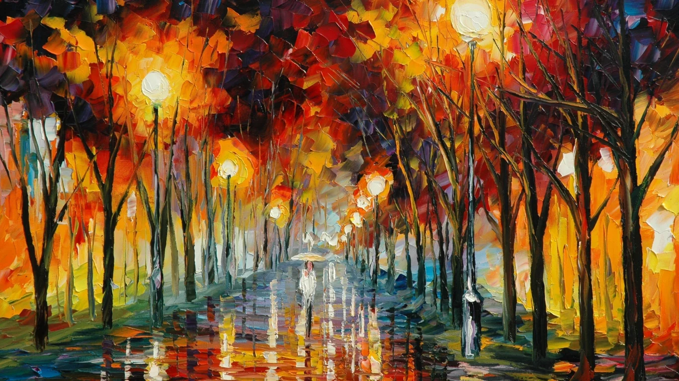 отражение, leonid afremov, дорога, дождь, фонари, живопись
