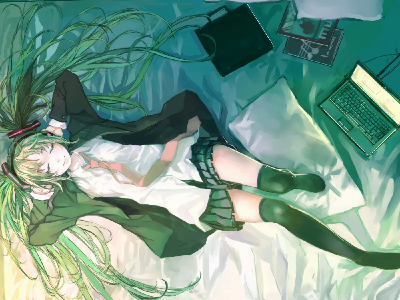 девушка, наушники, улыбка, zrero, настроение, art, hatsune miku