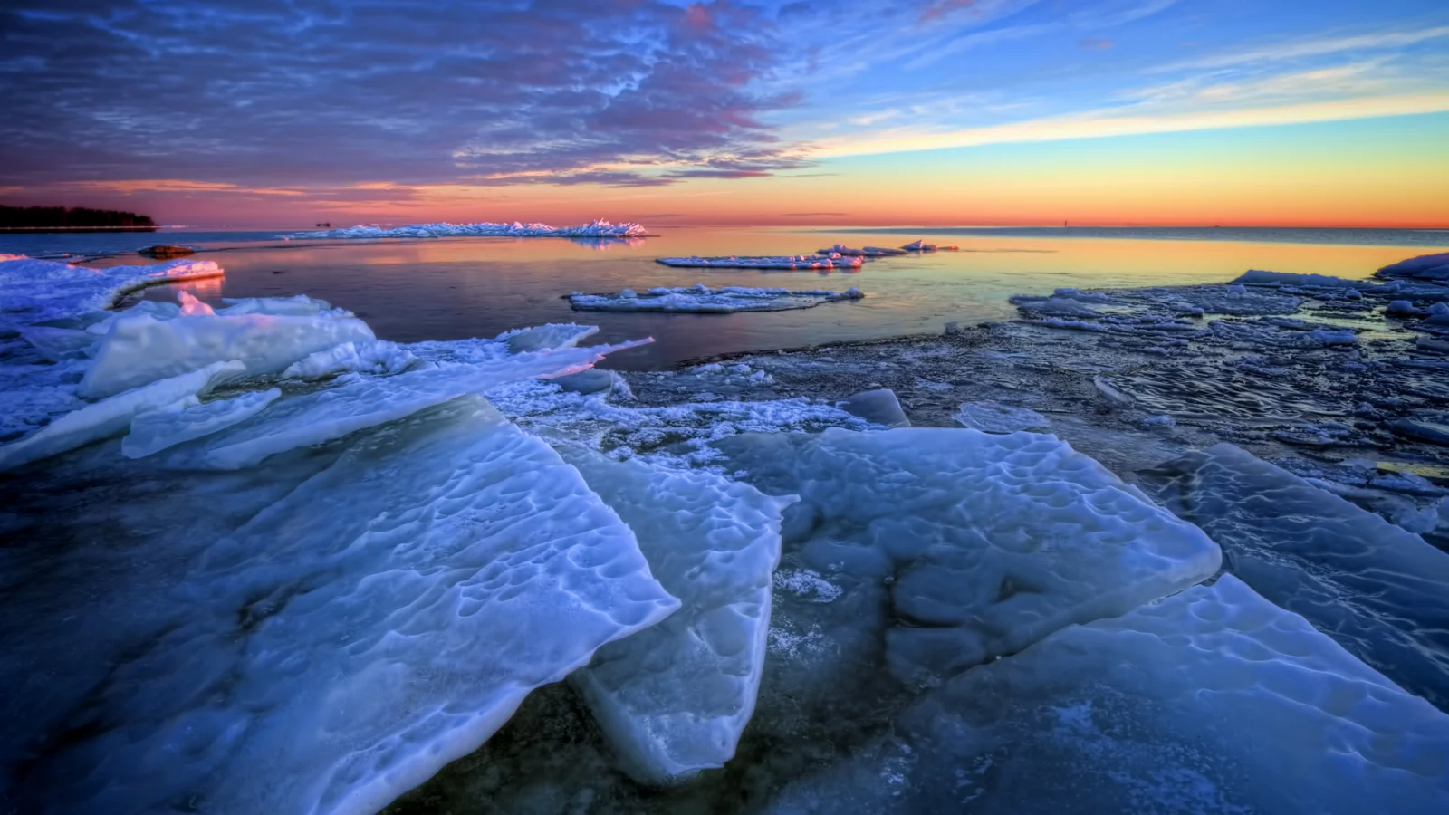 море, рассвет, зима, утро, льдины