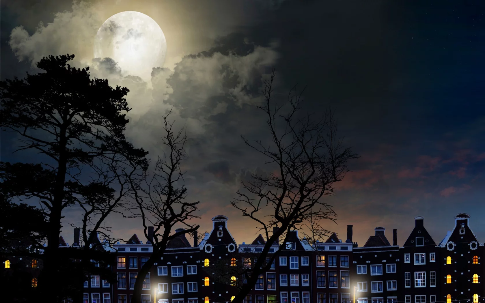 full, moon, magical night, city buildings, trees, sky, clouds, landscape, полный, луна, волшебная ночь, городские здания, деревья, небо, облака, пейзаж