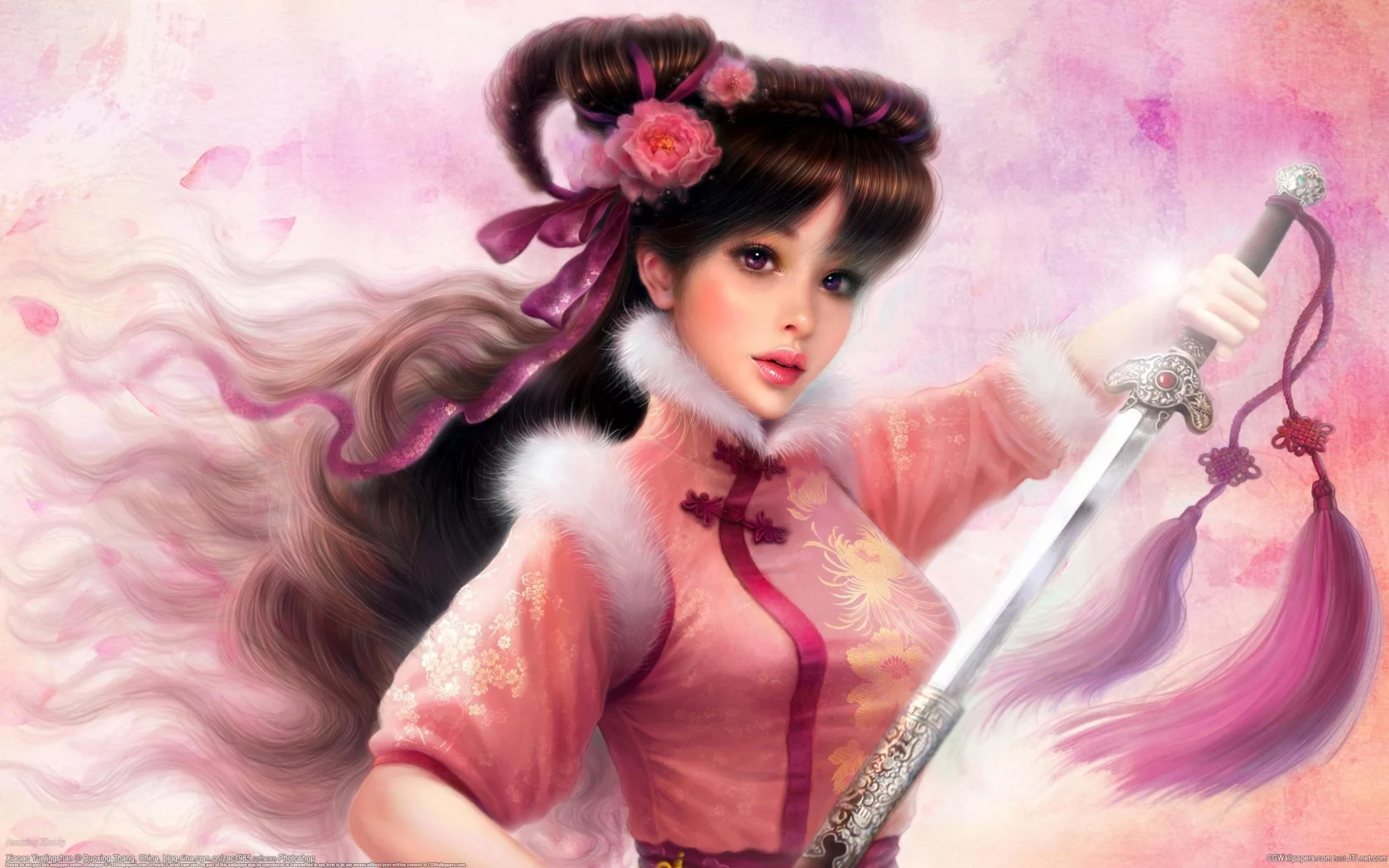 ruoxing zhang, цветы, меч, кисти, арт, мех, девушка