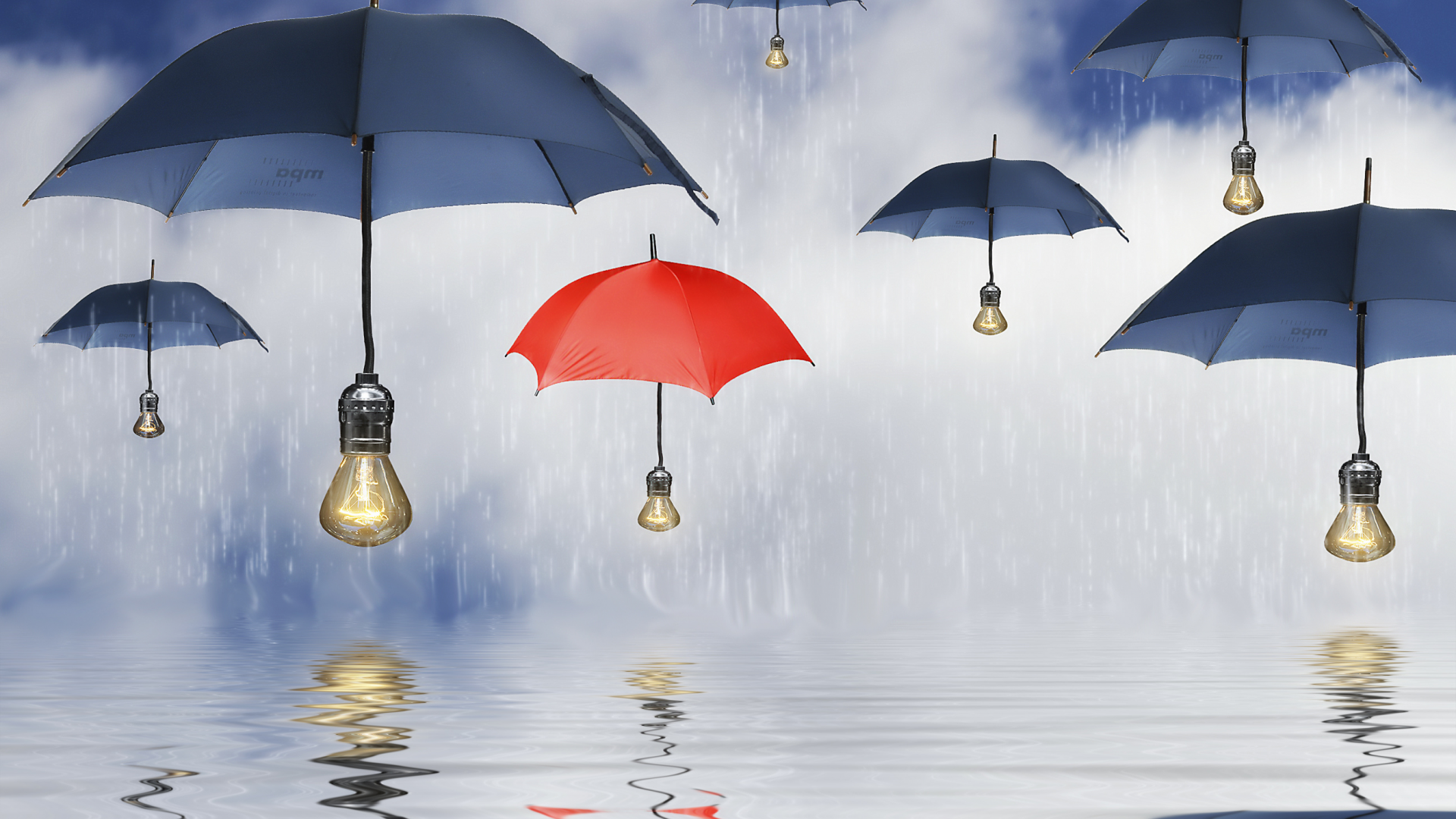 вода, зонты, лампочки, зонтики, дождь, отражение