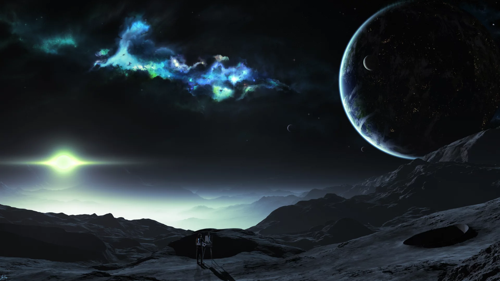 colorful lights, painting, landscape, planet, person, sci fi, spacesuit