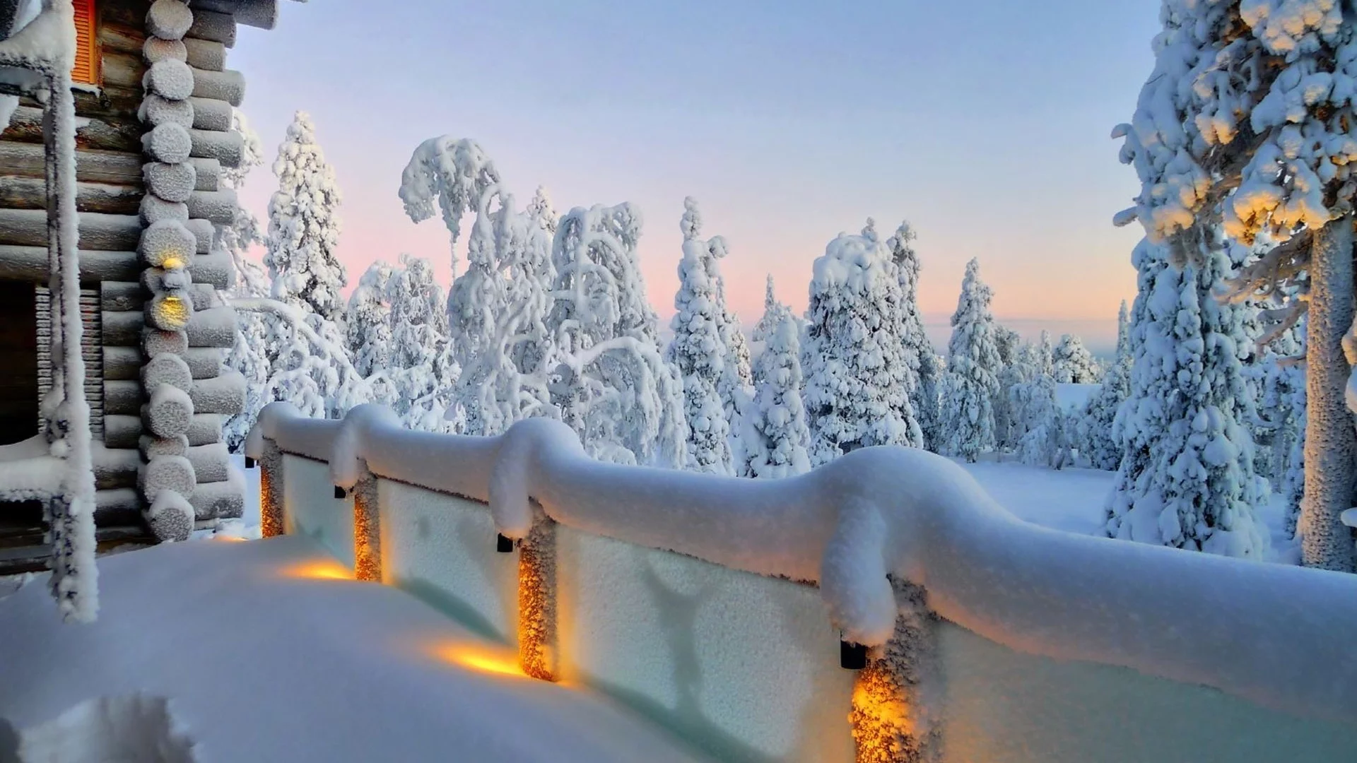 winter, trees, snow, path, mountain, moon, cabin