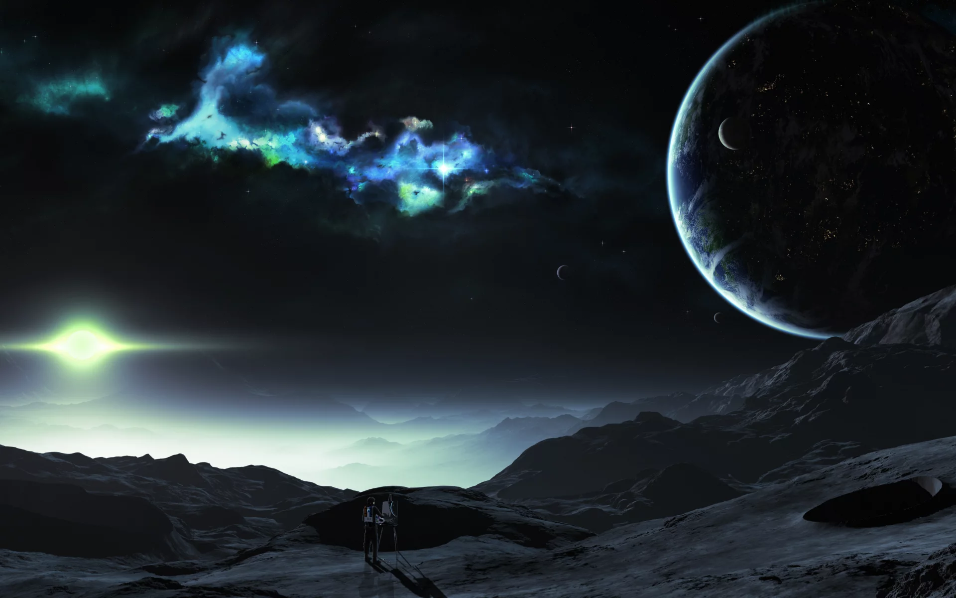 colorful lights, painting, landscape, planet, person, sci fi, spacesuit