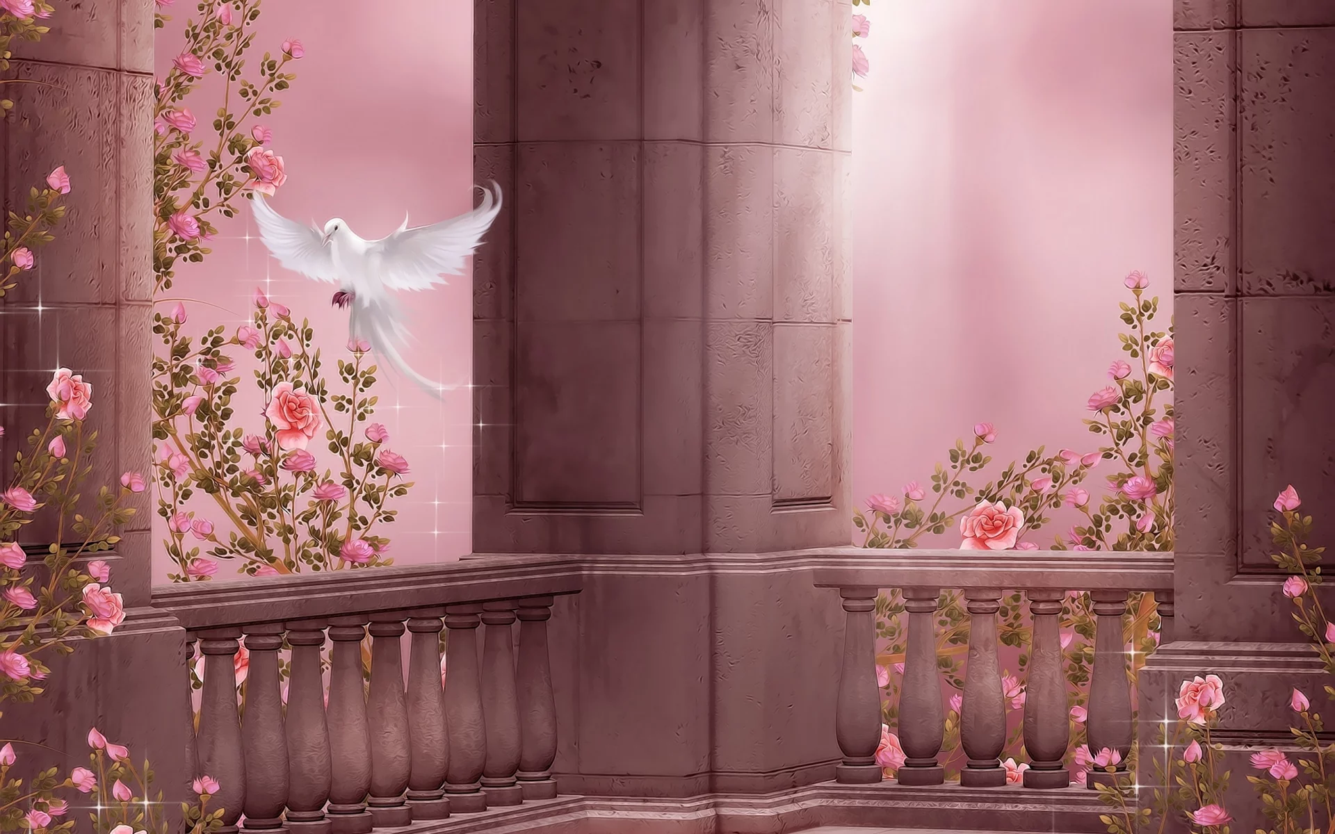 dove, pigeon, roses, rose garden, columns, колонны, розовый сад, flowers