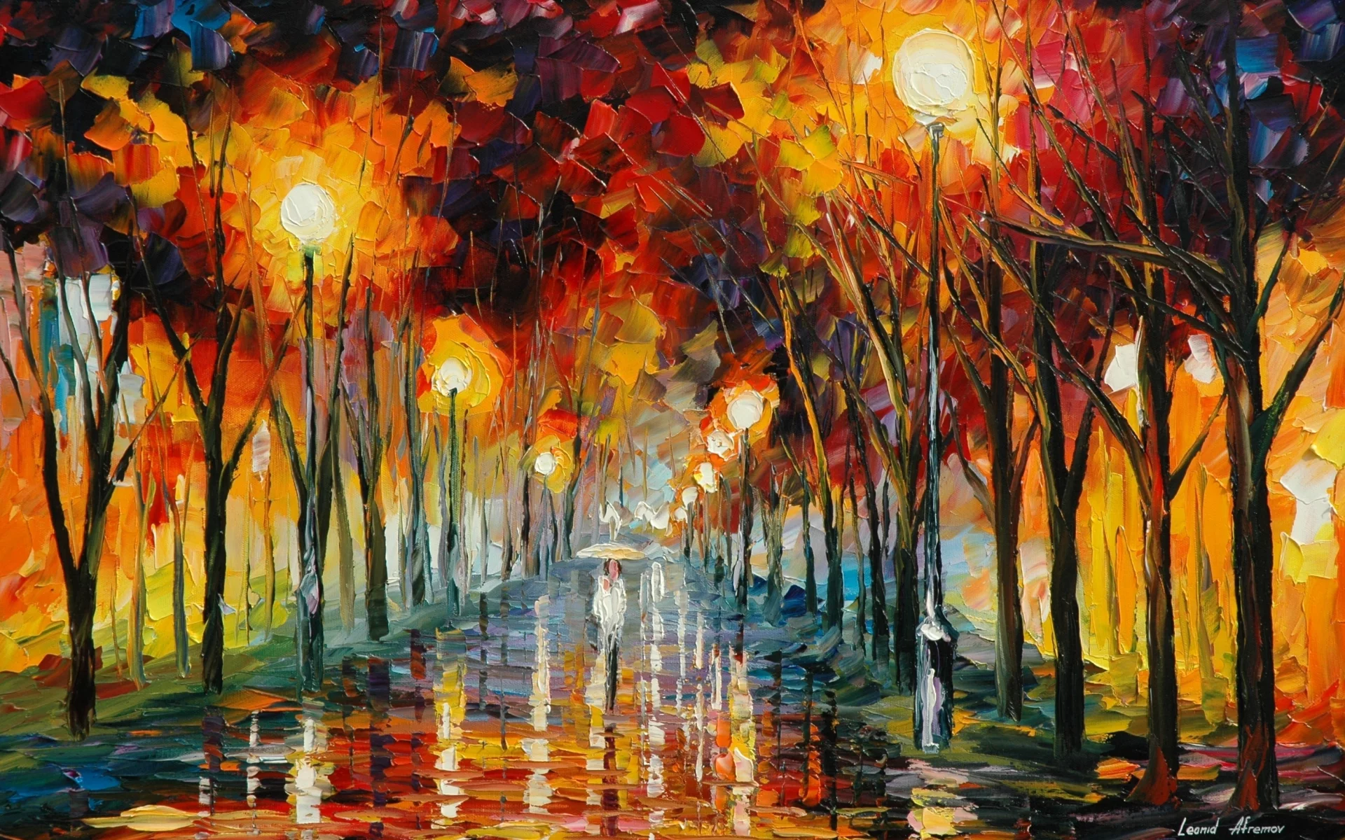 отражение, leonid afremov, дорога, дождь, фонари, живопись